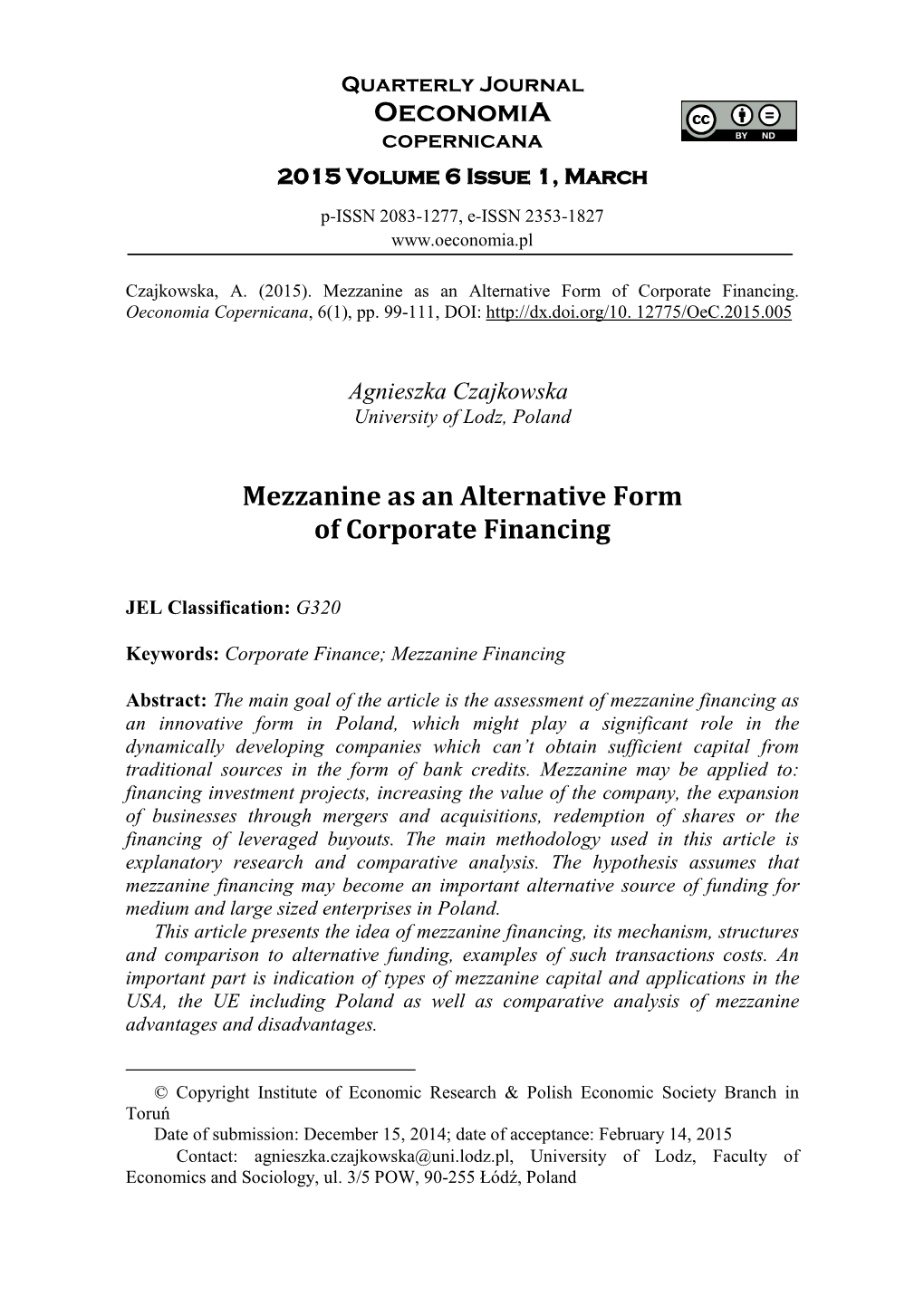 Oeconomia Mezzanine As an Alternative Form of Corporate