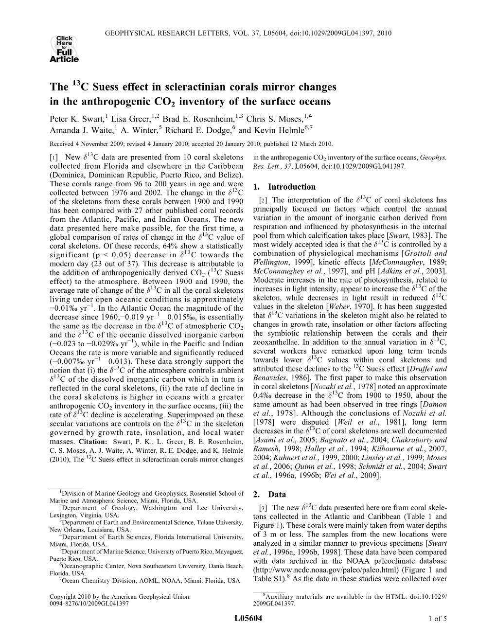 The 13C Suess Effect in Scleractinian Corals Mirror Changes in the Anthropogenic CO2 Inventory of the Surface Oceans Peter K