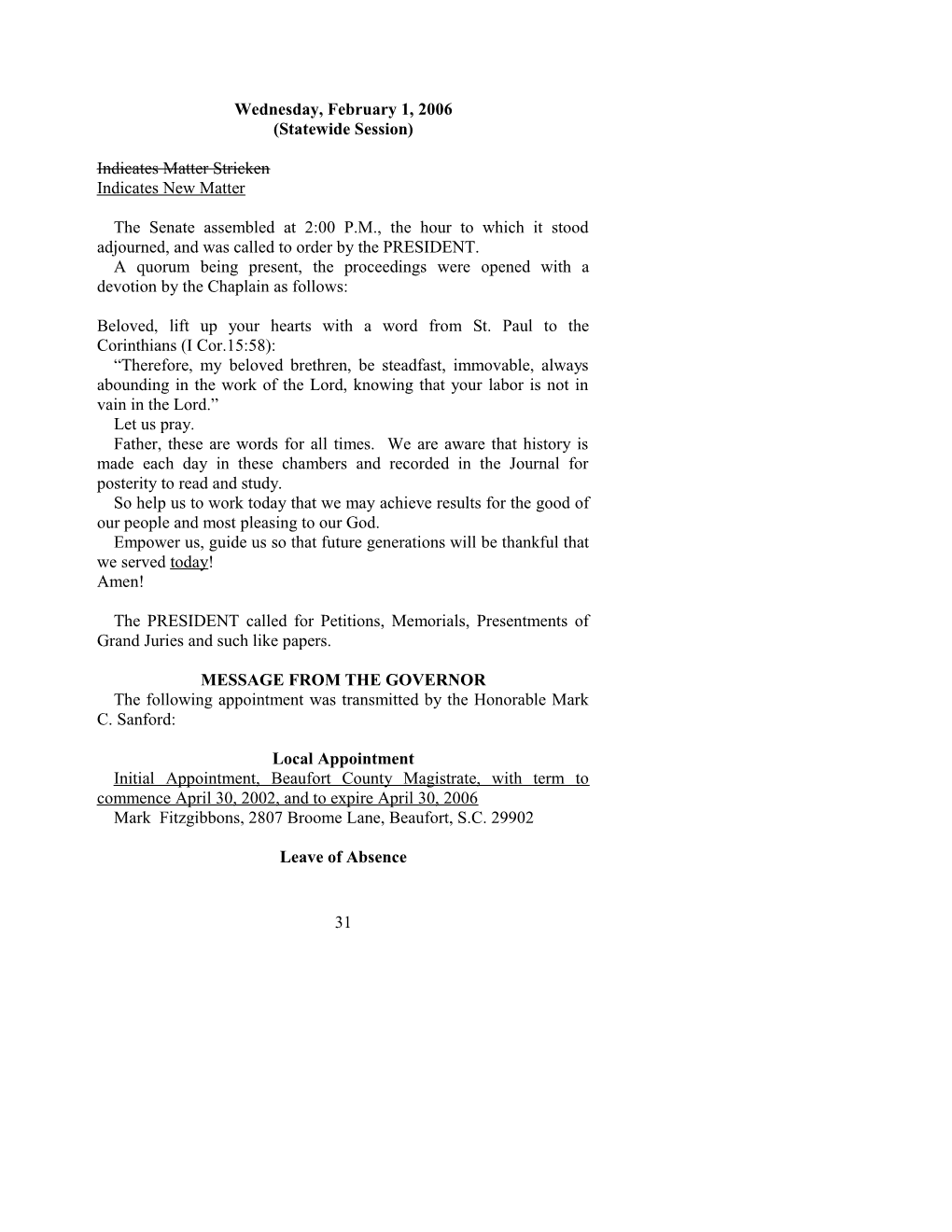 Senate Journal for Feb. 1, 2006 - South Carolina Legislature Online