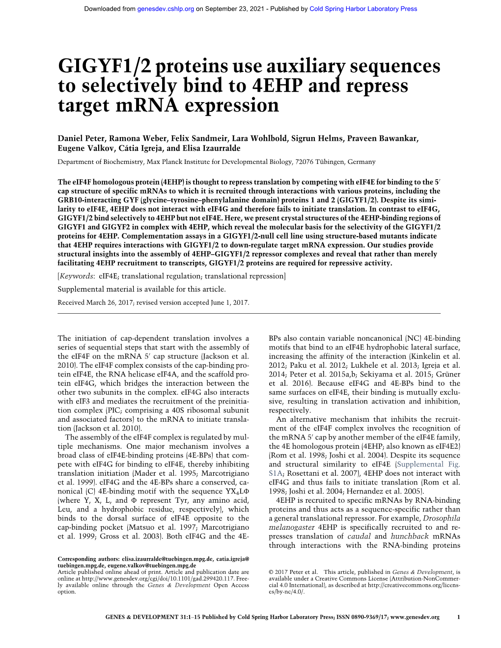 GIGYF1/2 Proteins Use Auxiliary Sequences to Selectively Bind to 4EHP and Repress Target Mrna Expression