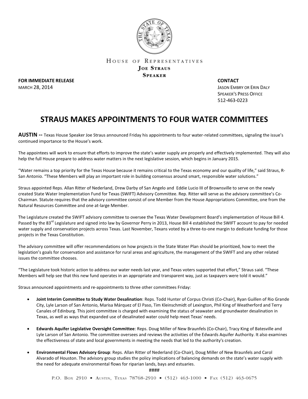 Straus Makes Appointments to Four Water Committees