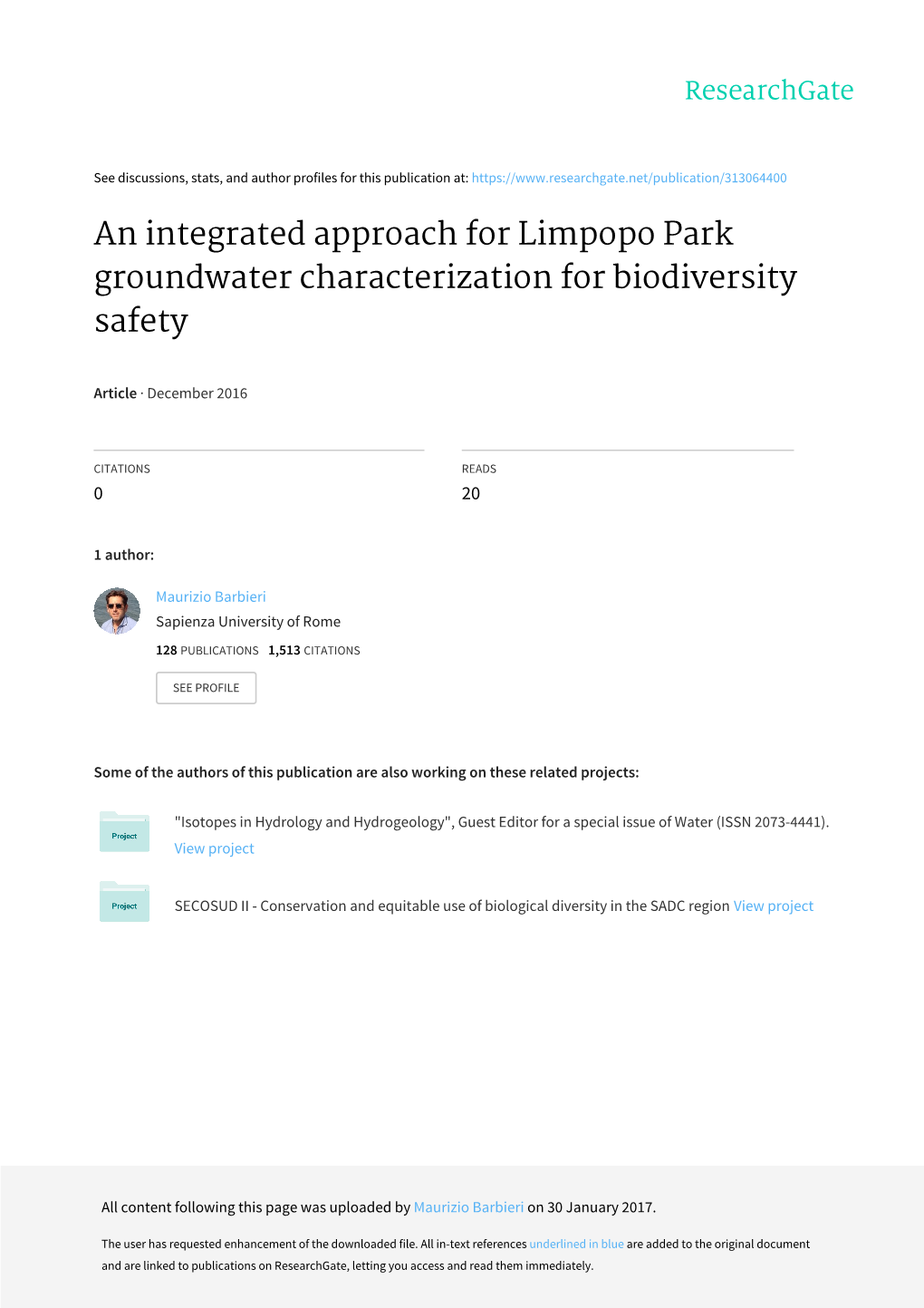 An Integrated Approach for Limpopo Park Groundwater Characterization for Biodiversity Safety