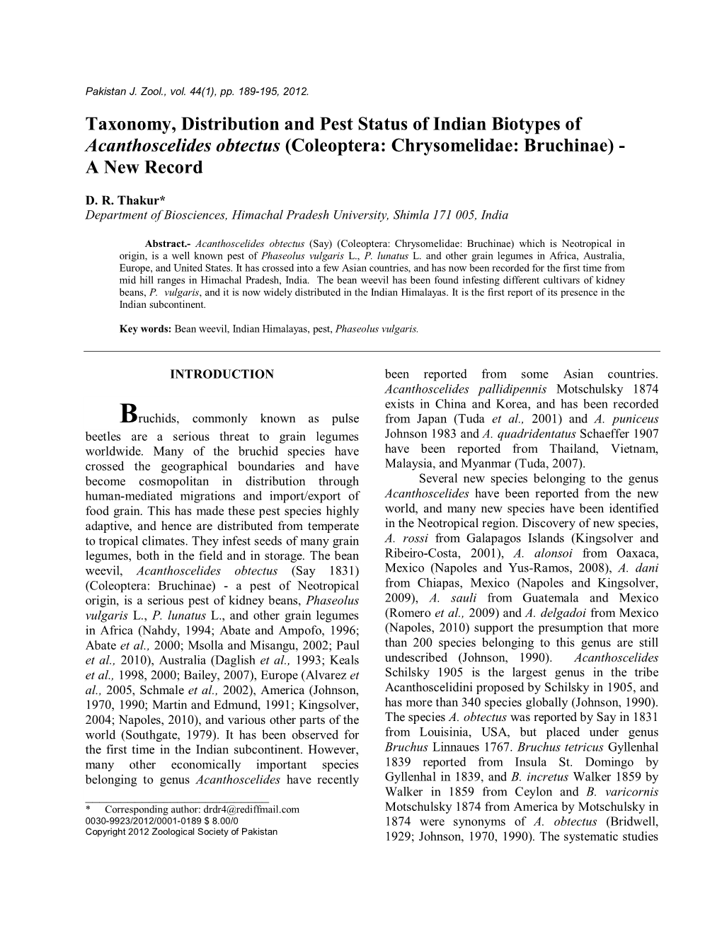 Taxonomy, Distribution and Pest Status of Indian Biotypes of Acanthoscelides Obtectus (Coleoptera: Chrysomelidae: Bruchinae) - a New Record