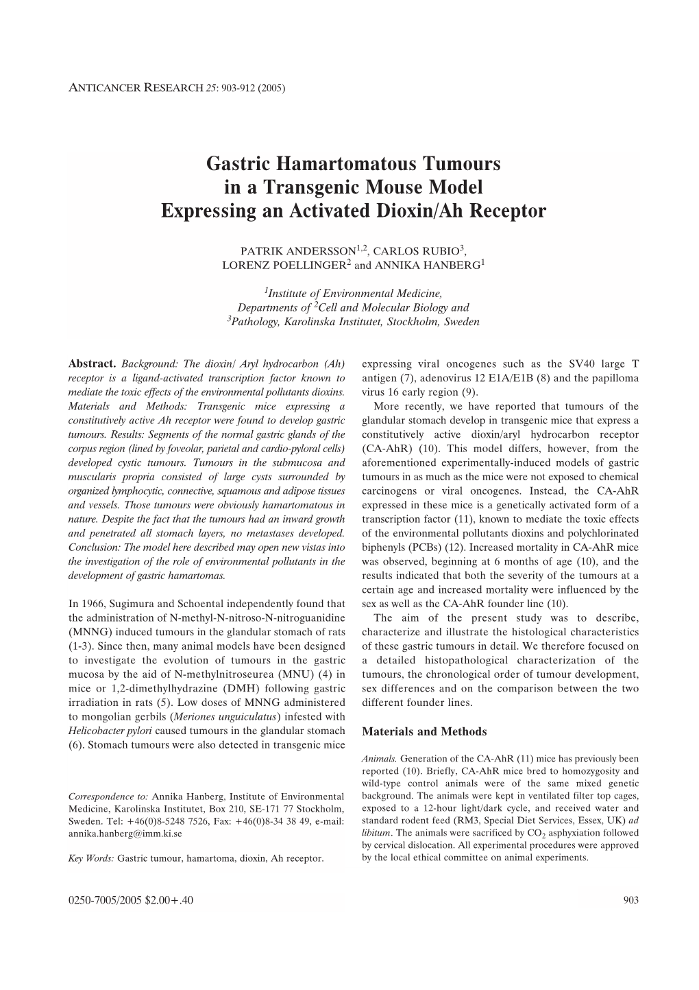 Gastric Hamartomatous Tumours in a Transgenic Mouse Model Expressing an Activated Dioxin/Ah Receptor