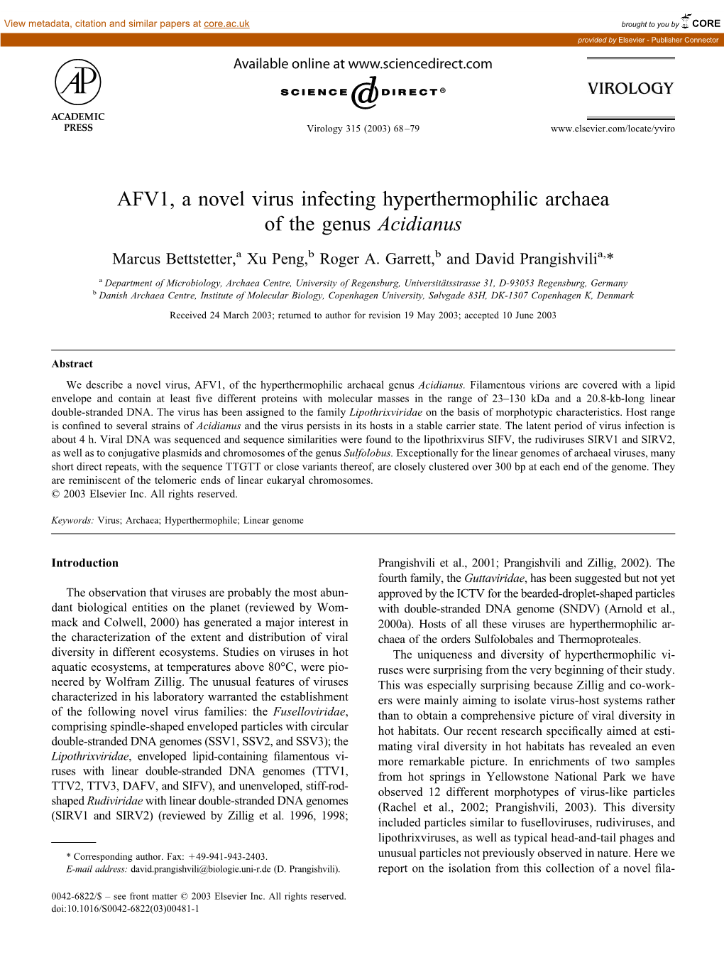 AFV1, a Novel Virus Infecting Hyperthermophilic Archaea of the Genus Acidianus