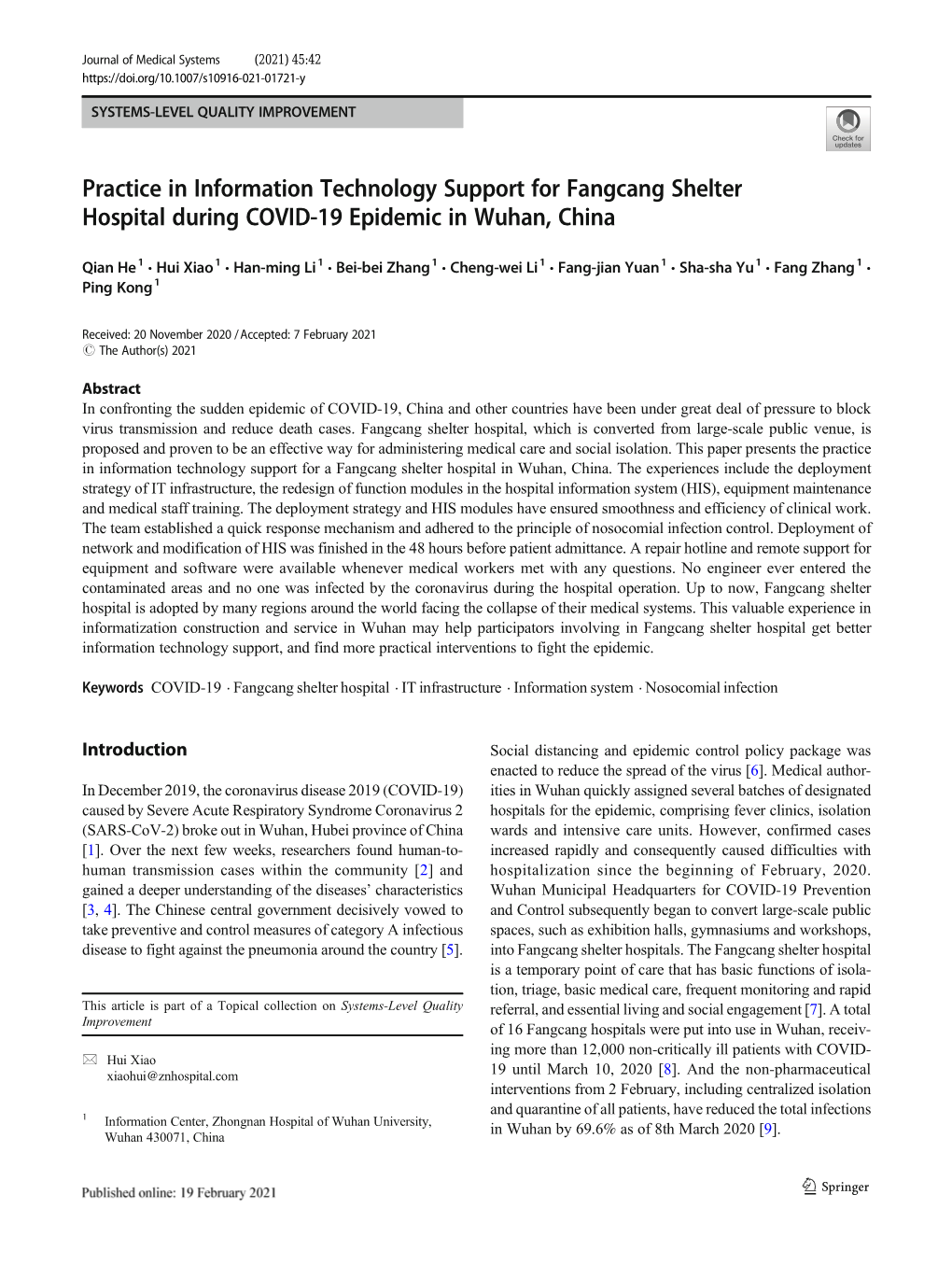 Practice in Information Technology Support for Fangcang Shelter Hospital During COVID-19 Epidemic in Wuhan, China