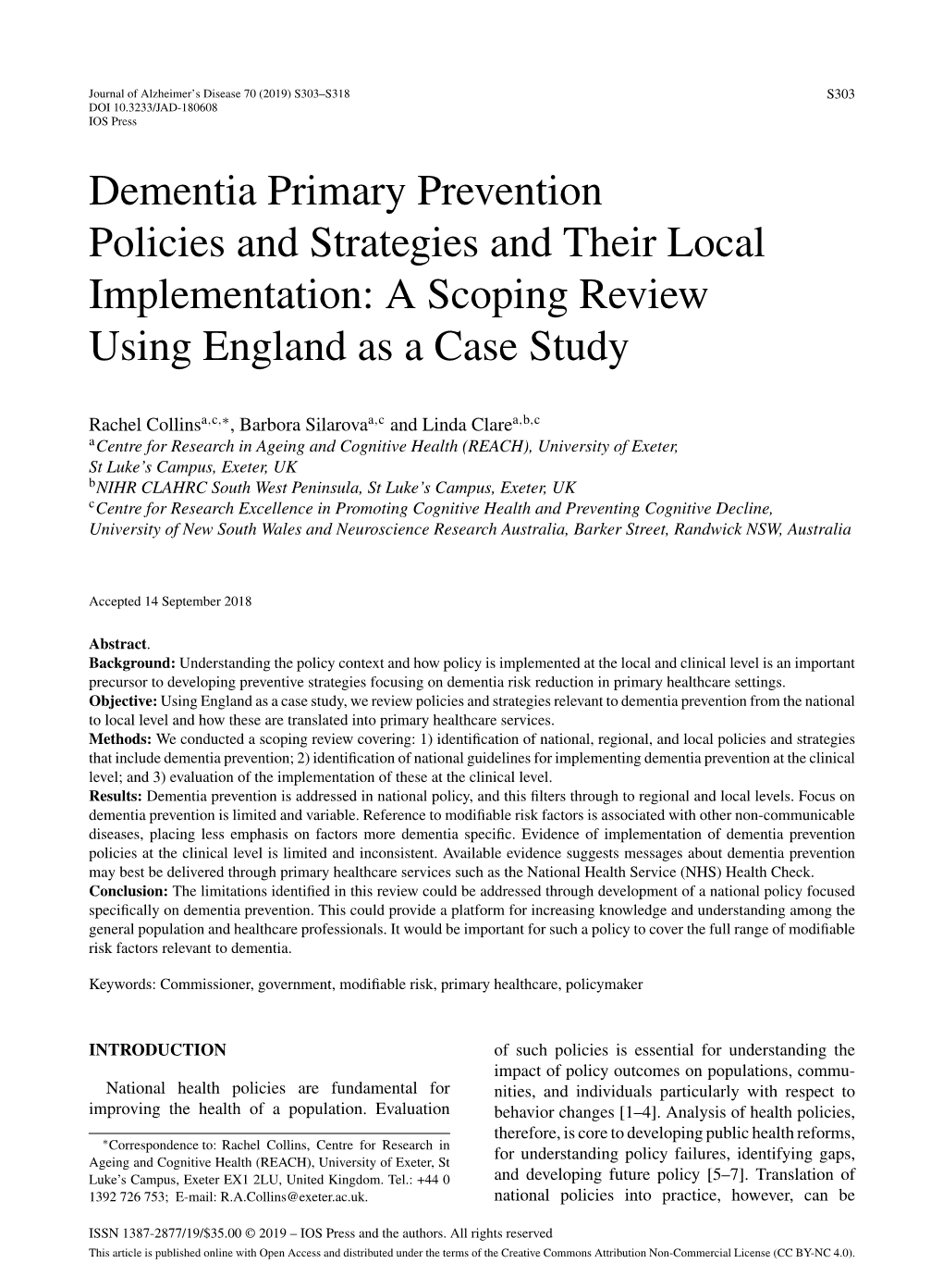 Dementia Primary Prevention Policies and Strategies and Their Local Implementation: a Scoping Review Using England As a Case Study