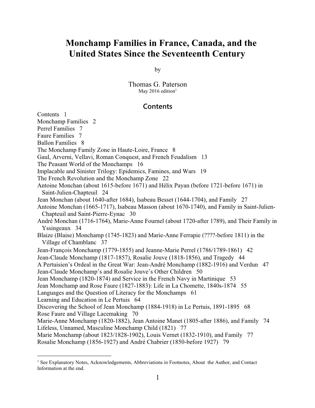 Monchamp Families in France, Canada, and the United States Since the Seventeenth Century