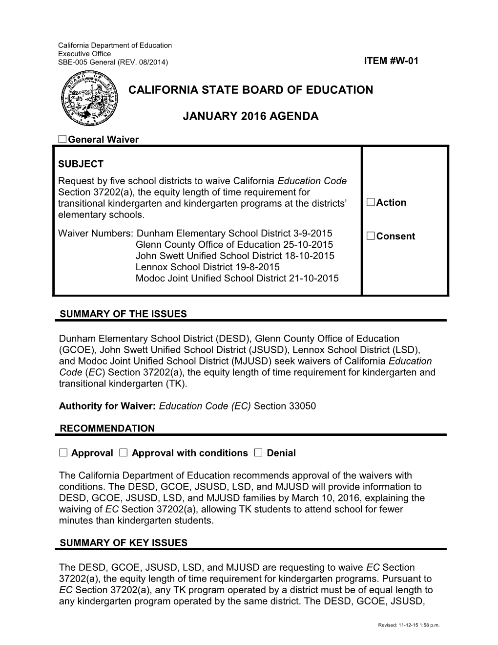 January 2016 Waiver Item W-01 - Meeting Agendas (CA State Board of Education)