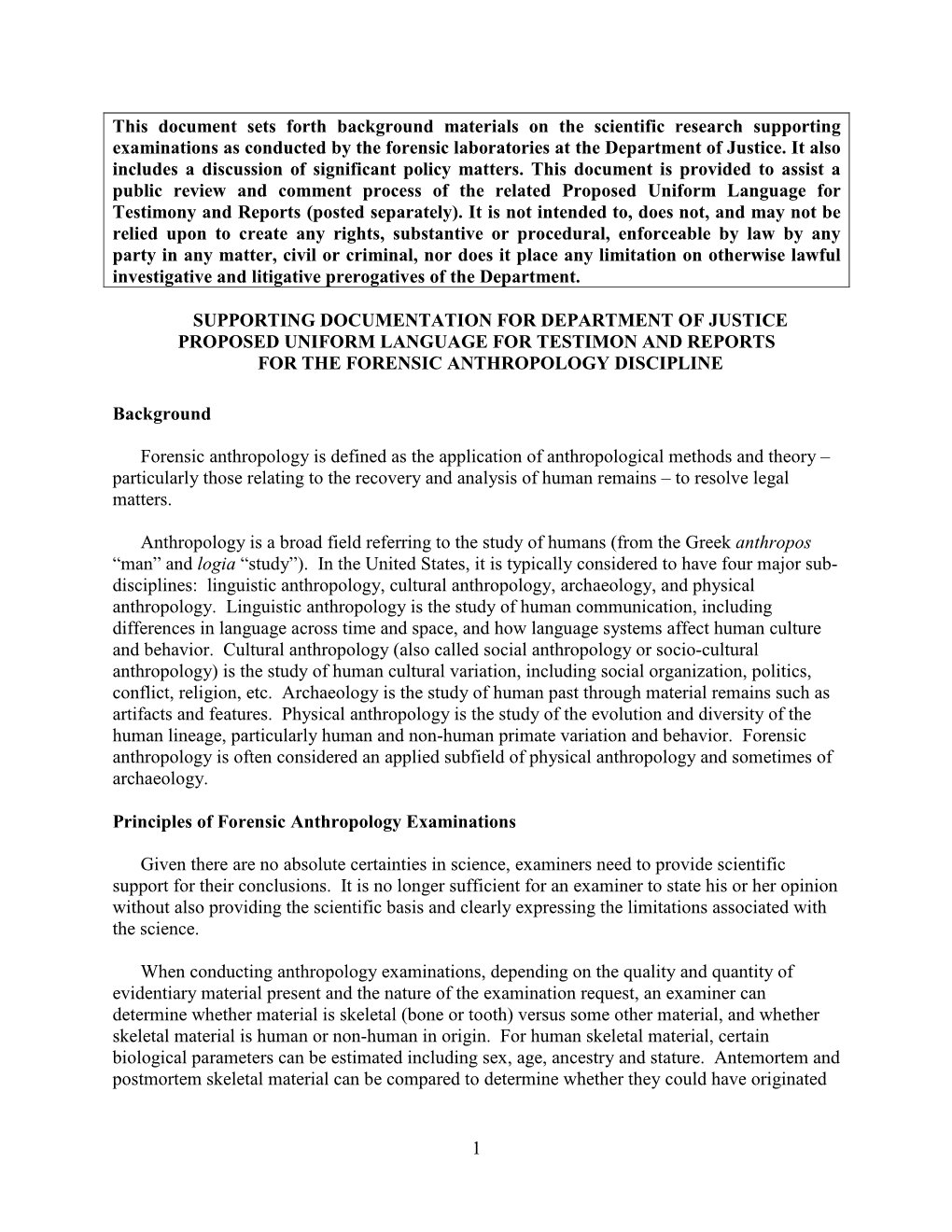 Supporting Documentation for Department of Justice Proposed Uniform Language for Testimon and Reports for the Forensic Anthropology Discipline