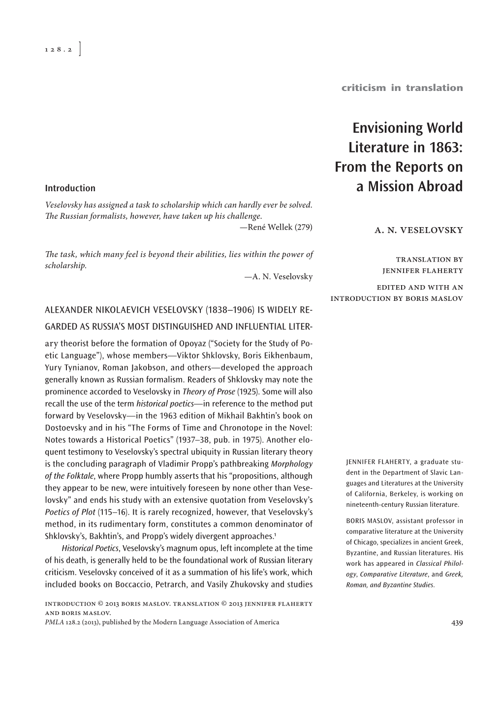 Envisioning World Literature in 1863: from the Reports on Introduction a Mission Abroad Veselovsky Has Assigned a Task to Scholarship Which Can Hardly Ever Be Solved