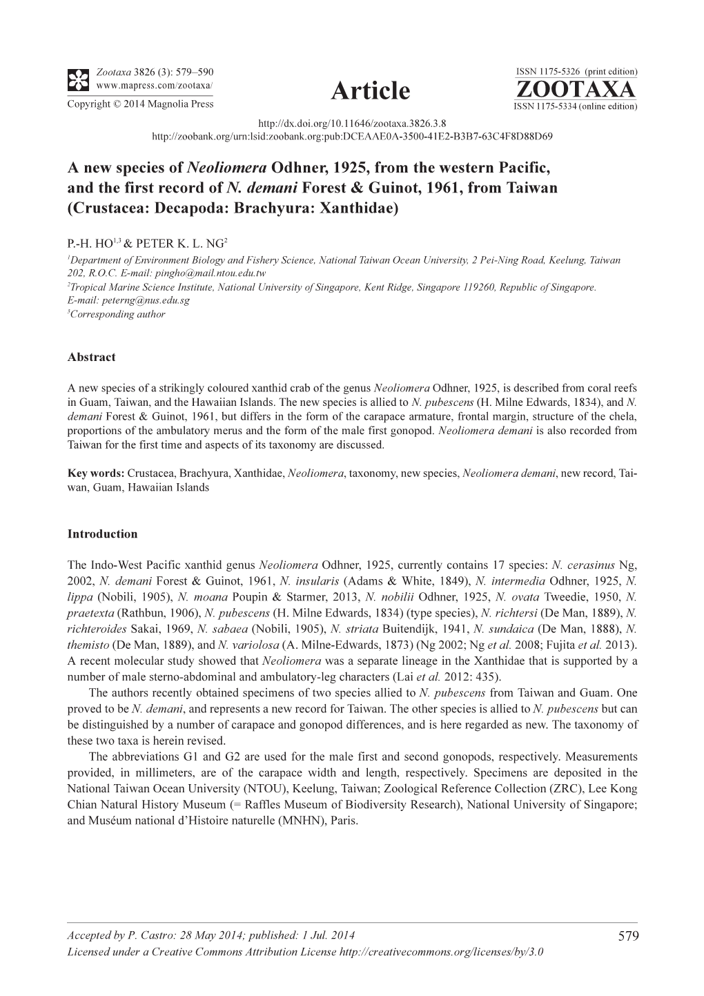 A New Species of Neoliomera Odhner, 1925, from the Western Pacific, and the First Record of N