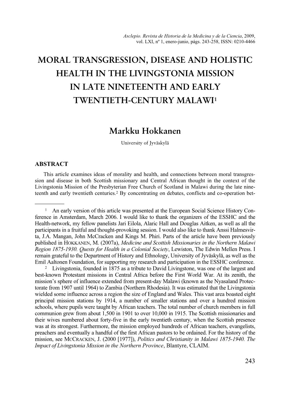 Moral Transgression, Disease and Holistic Health in the Livingstonia Mission in Late Nineteenth and Early Twentieth-Century Malawi1