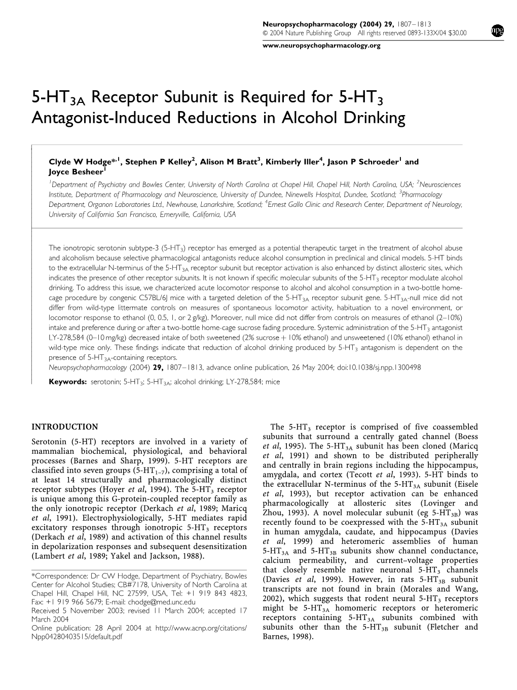 5-HT3A Receptor Subunit Is Required for 5-HT3 Antagonist-Induced Reductions in Alcohol Drinking