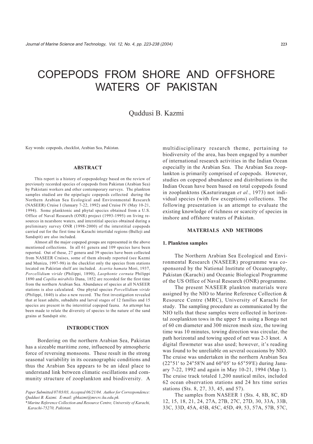 Copepods from Shore and Offshore Waters of Pakistan