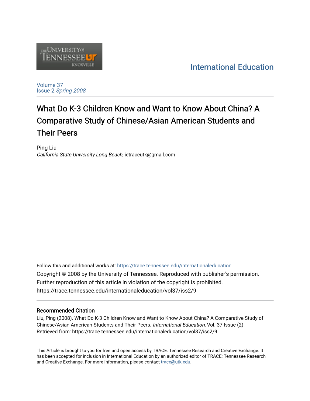 What Do K-3 Children Know and Want to Know About China? a Comparative Study of Chinese/Asian American Students and Their Peers