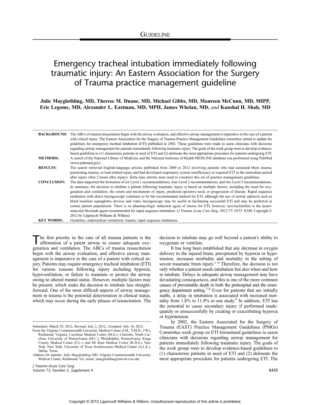 Emergency Tracheal Intubation Immediately Following Traumatic Injury: an Eastern Association for the Surgery of Trauma Practice Management Guideline