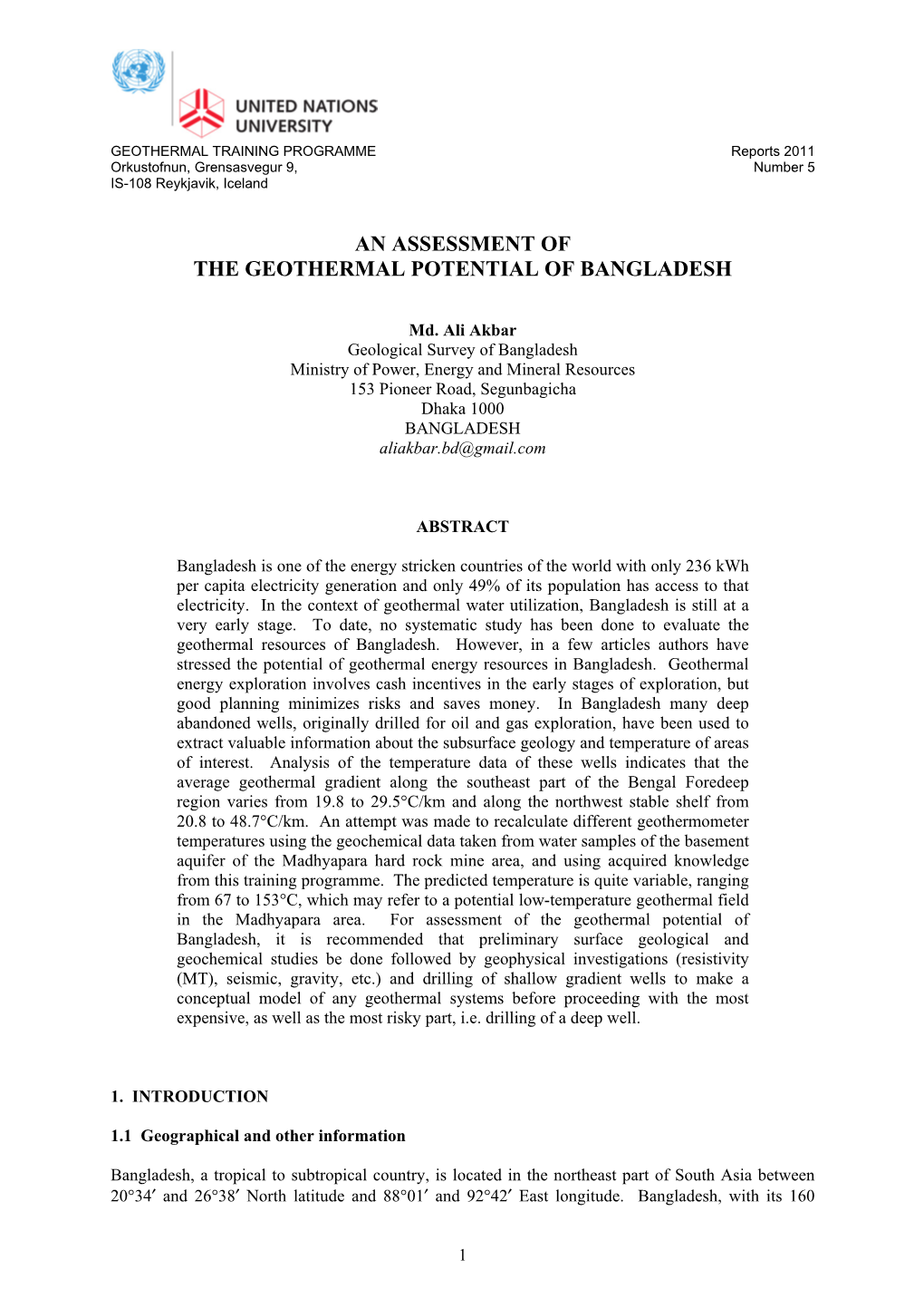 An Assessment of the Geothermal Potential of Bangladesh