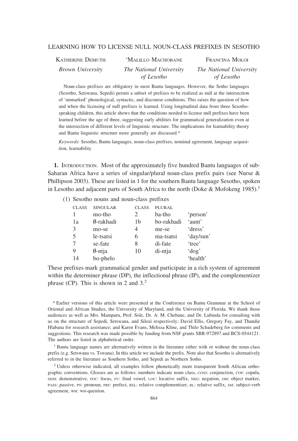 LEARNING HOW to LICENSE NULL NOUN-CLASS PREFIXES in SESOTHO Brown University the National University the National University Of