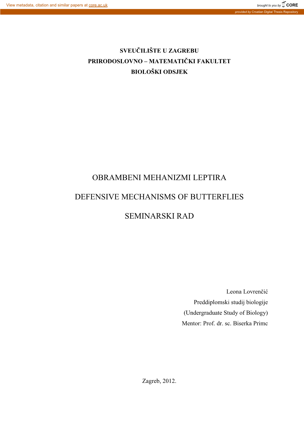 Obrambeni Mehanizmi Leptira Defensive Mechanisms Of