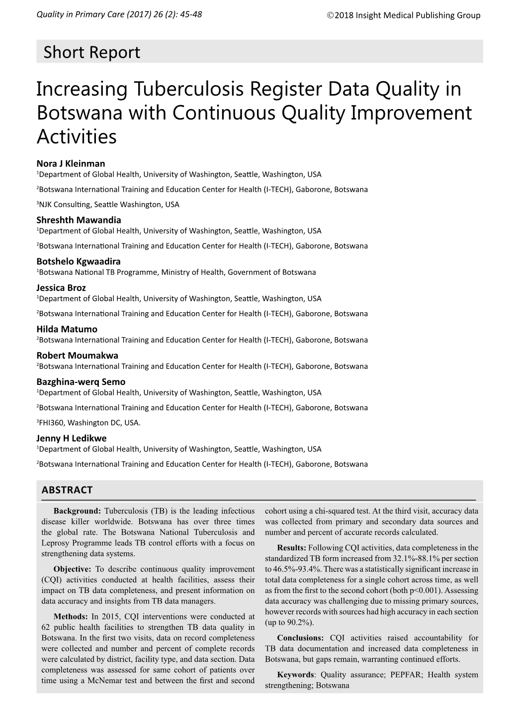 Increasing Tuberculosis Register Data Quality in Botswana with Continuous Quality Improvement Activities 47