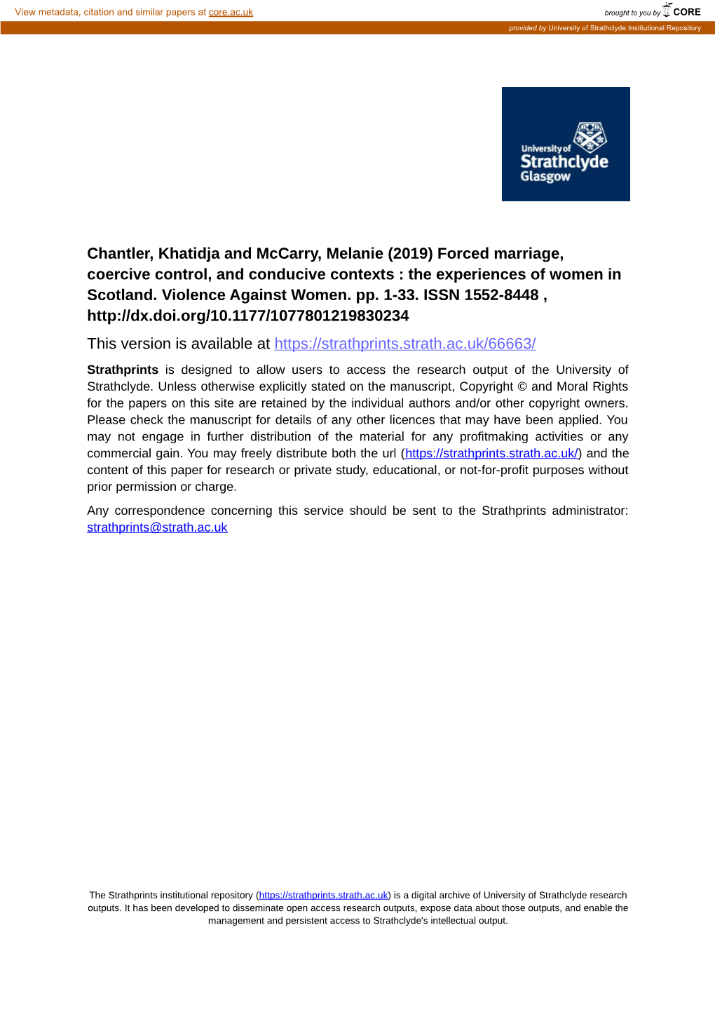 Chantler, Khatidja and Mccarry, Melanie (2019) Forced Marriage, Coercive Control, and Conducive Contexts : the Experiences of Women in Scotland