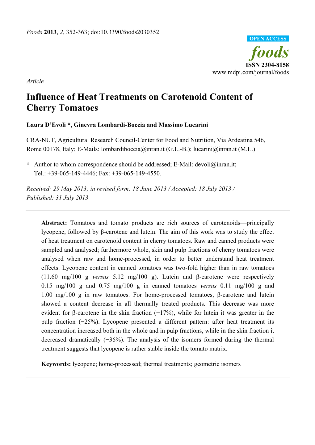 Influence of Heat Treatments on Carotenoid Content of Cherry Tomatoes