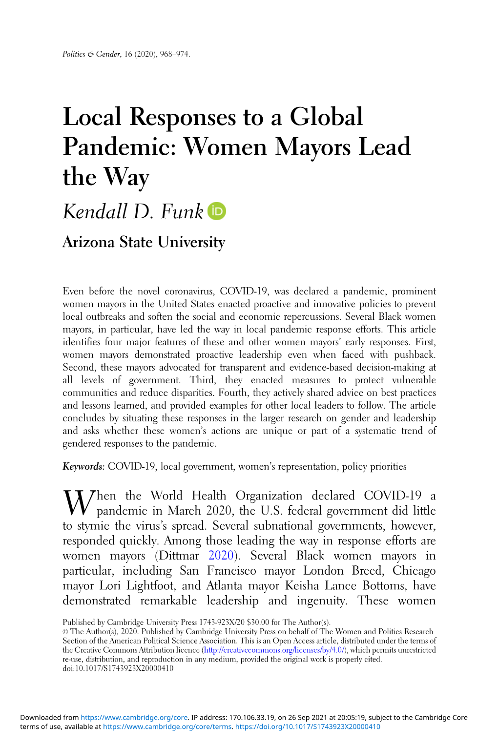 Local Responses to a Global Pandemic: Women Mayors Lead the Way Kendall D