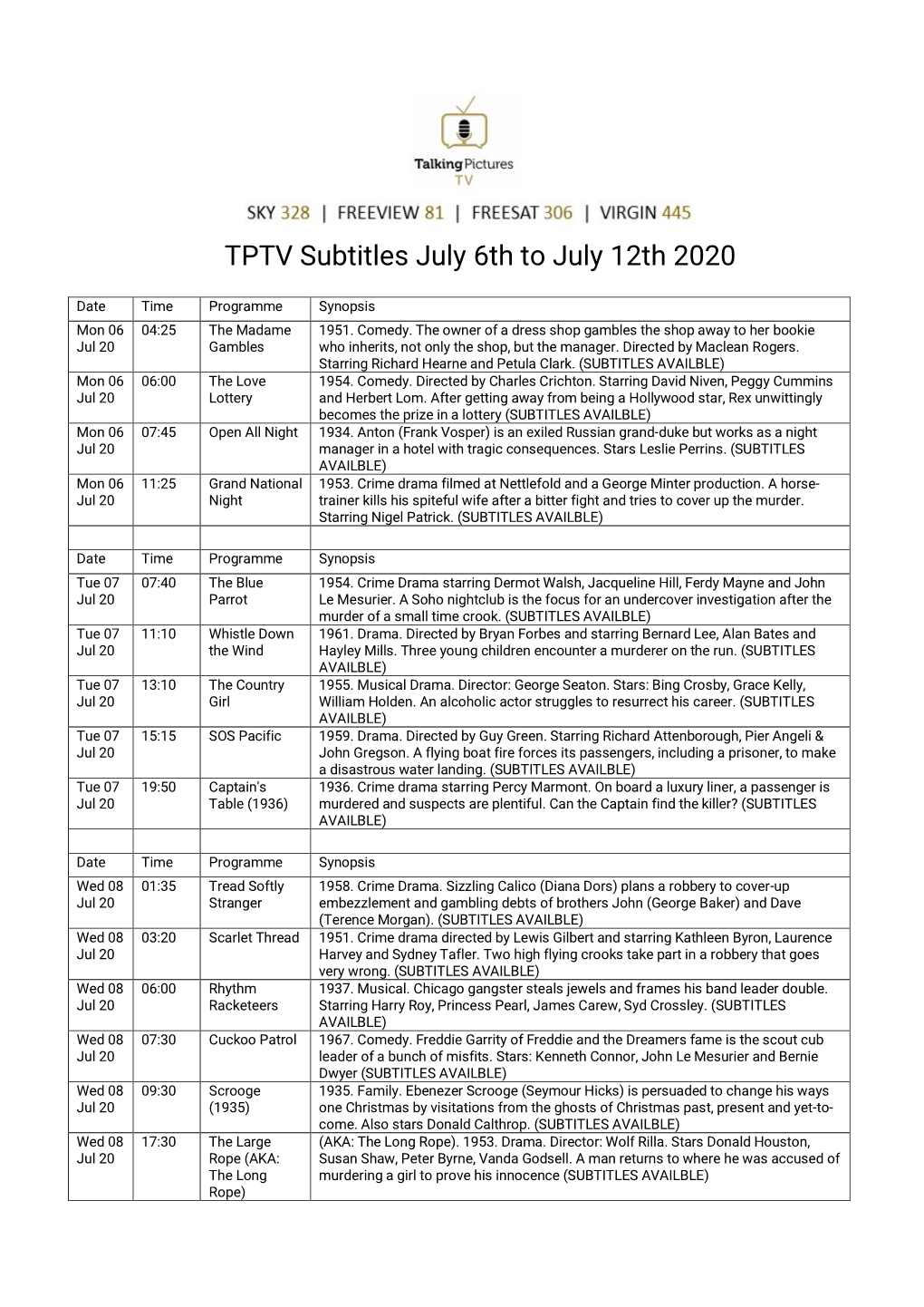 TPTV Subtitles July 6Th to July 12Th 2020