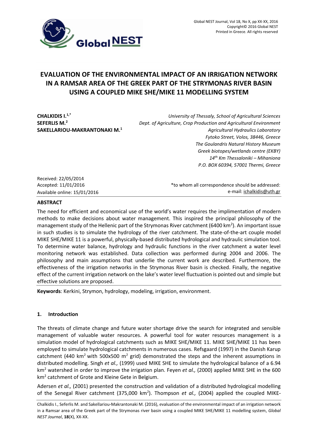 Evaluation of the Environmental Impact of an Irrigation Network in a Ramsar Area of the Greek Part of the Strymonas River Basin