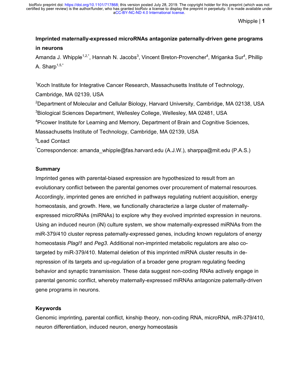 Imprinted Maternally-Expressed Micrornas Antagonize Paternally-Driven Gene Programs in Neurons Amanda J