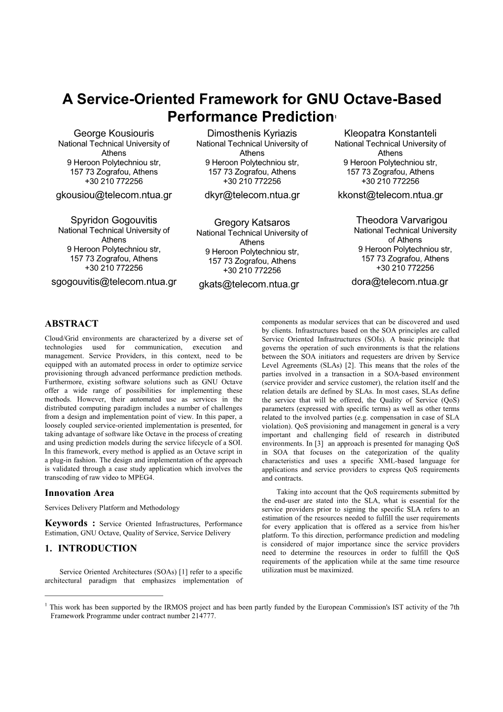 A Service-Oriented Framework for GNU Octave-Based Performance Prediction1