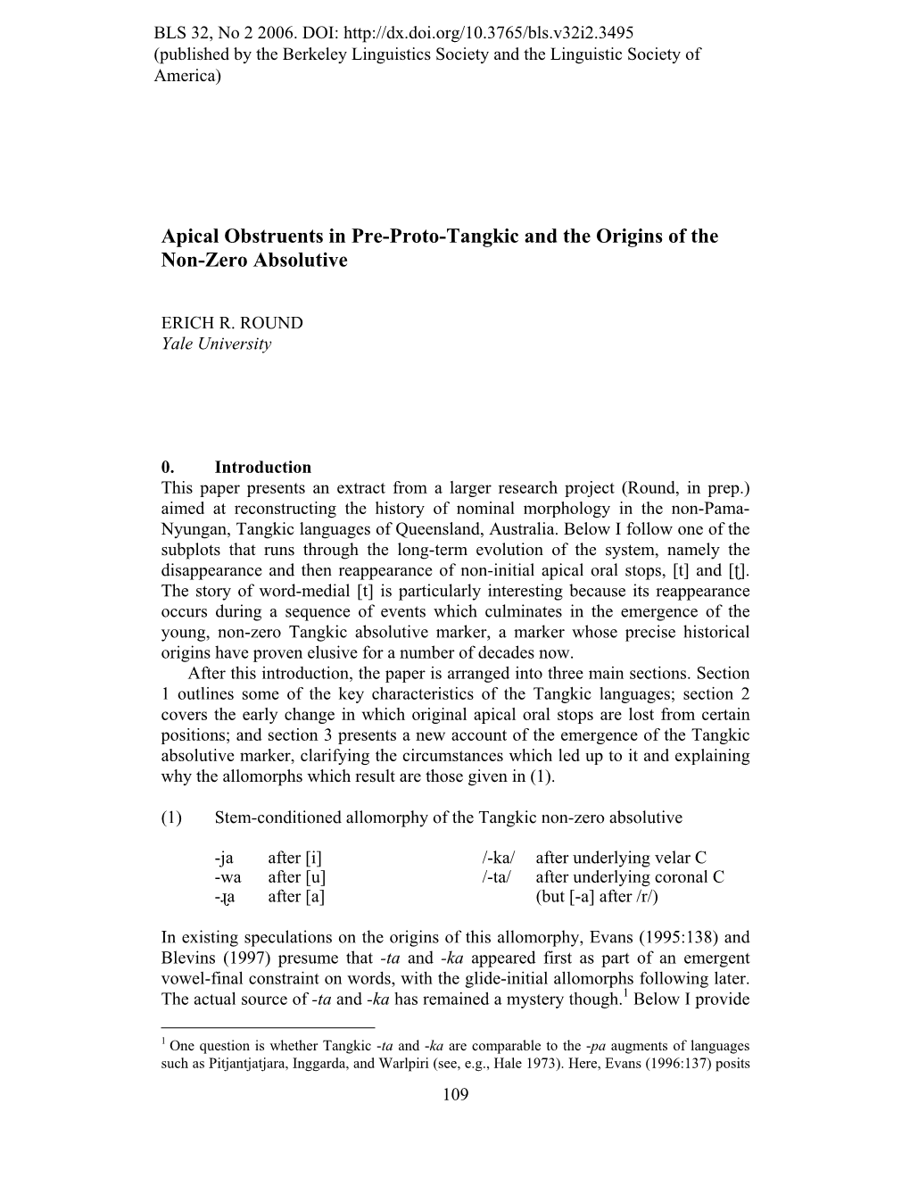 Apical Obstruents in Pre-Proto-Tangkic and the Origins of the Non-Zero Absolutive