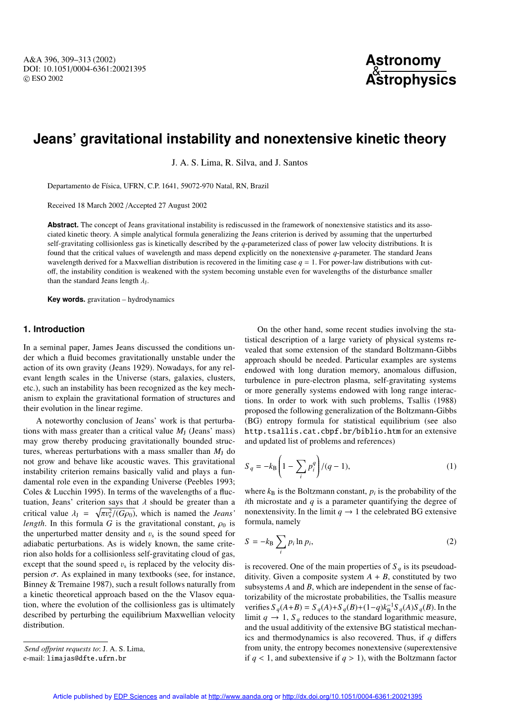 Jeans\' Gravitational Instability and Nonextensive Kinetic Theory