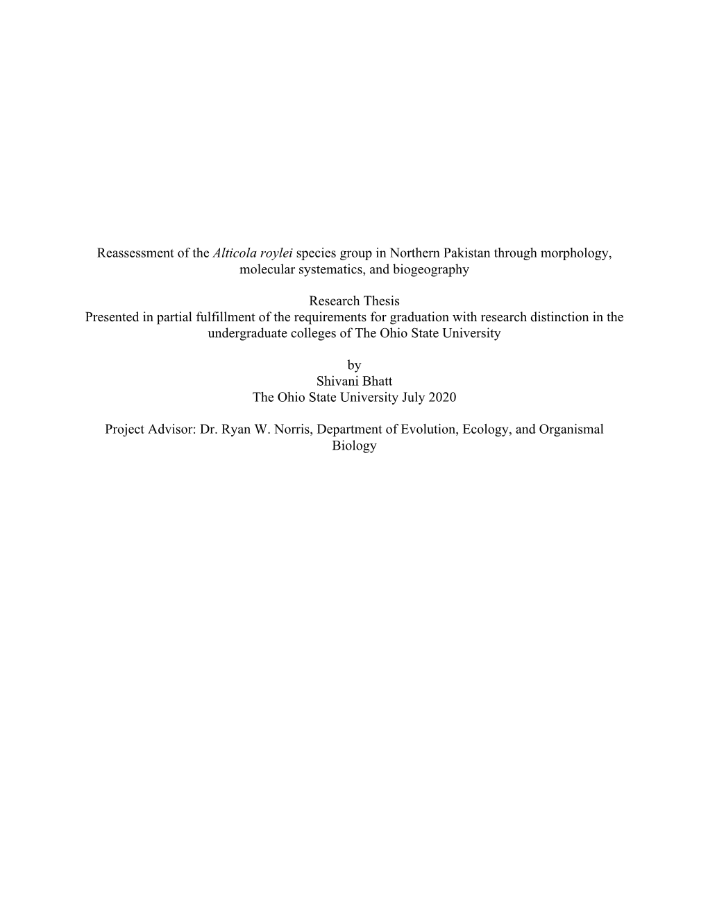 Reassessment of the Alticola Roylei Species Group in Northern Pakistan Through Morphology, Molecular Systematics, and Biogeography