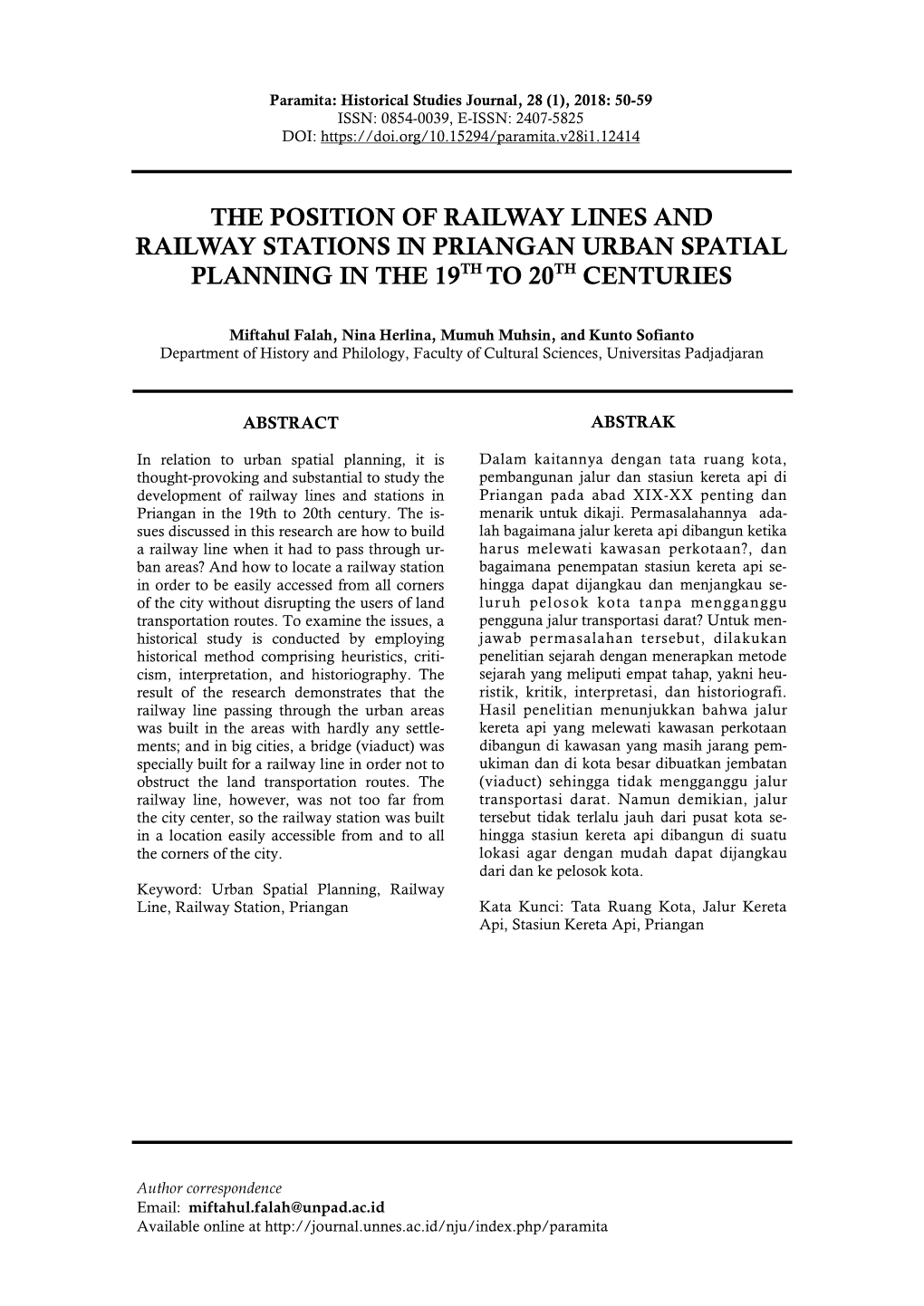 The Position of Railway Lines and Railway Stations in Priangan Urban Spatial Planning in the 19Th to 20Th Centuries