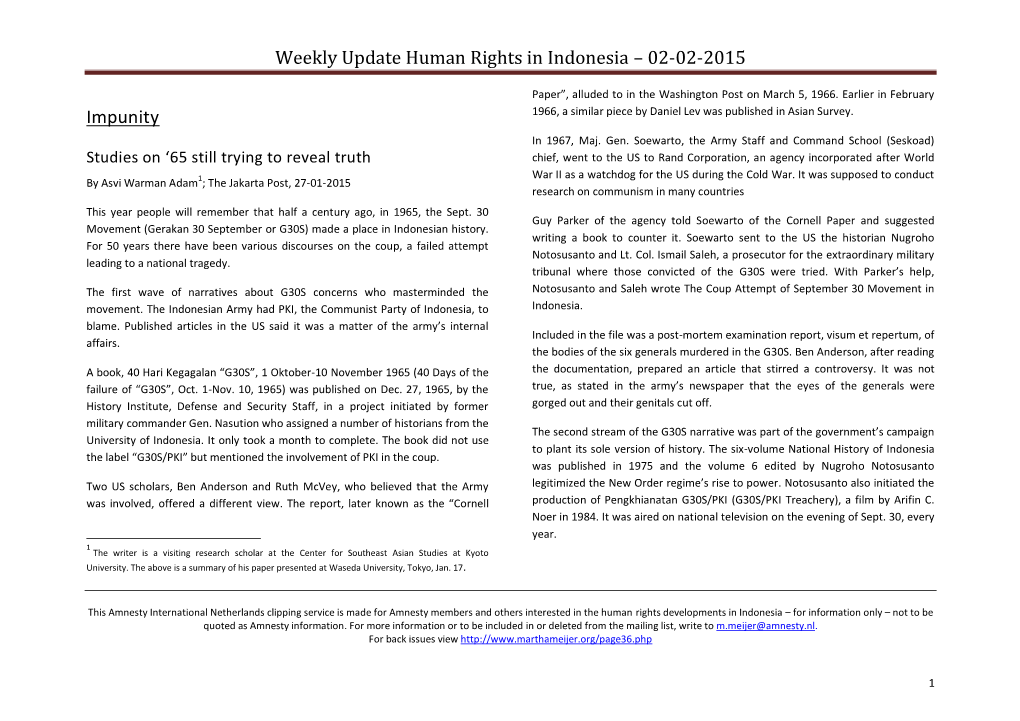 Weekly Update Human Rights in Indonesia – 02-02-2015 Impunity