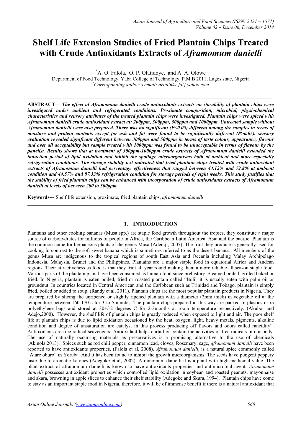 Shelf Life Extension Studies of Fried Plantain Chips Treated with Crude Antioxidants Extracts of Aframomum Danielli