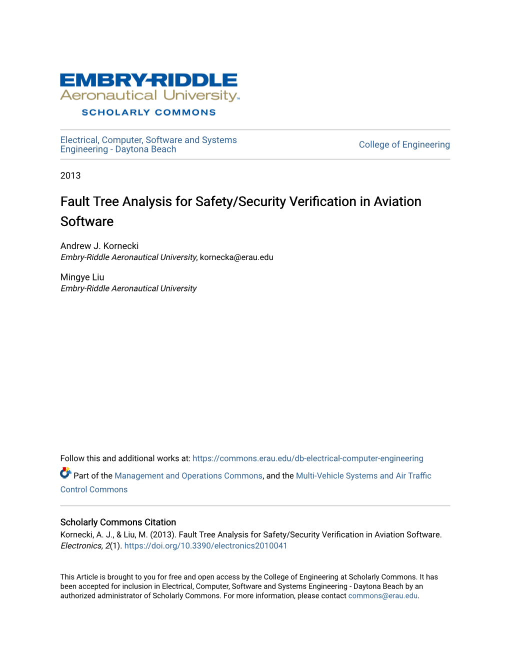 Fault Tree Analysis for Safety/Security Verification in Aviation Software
