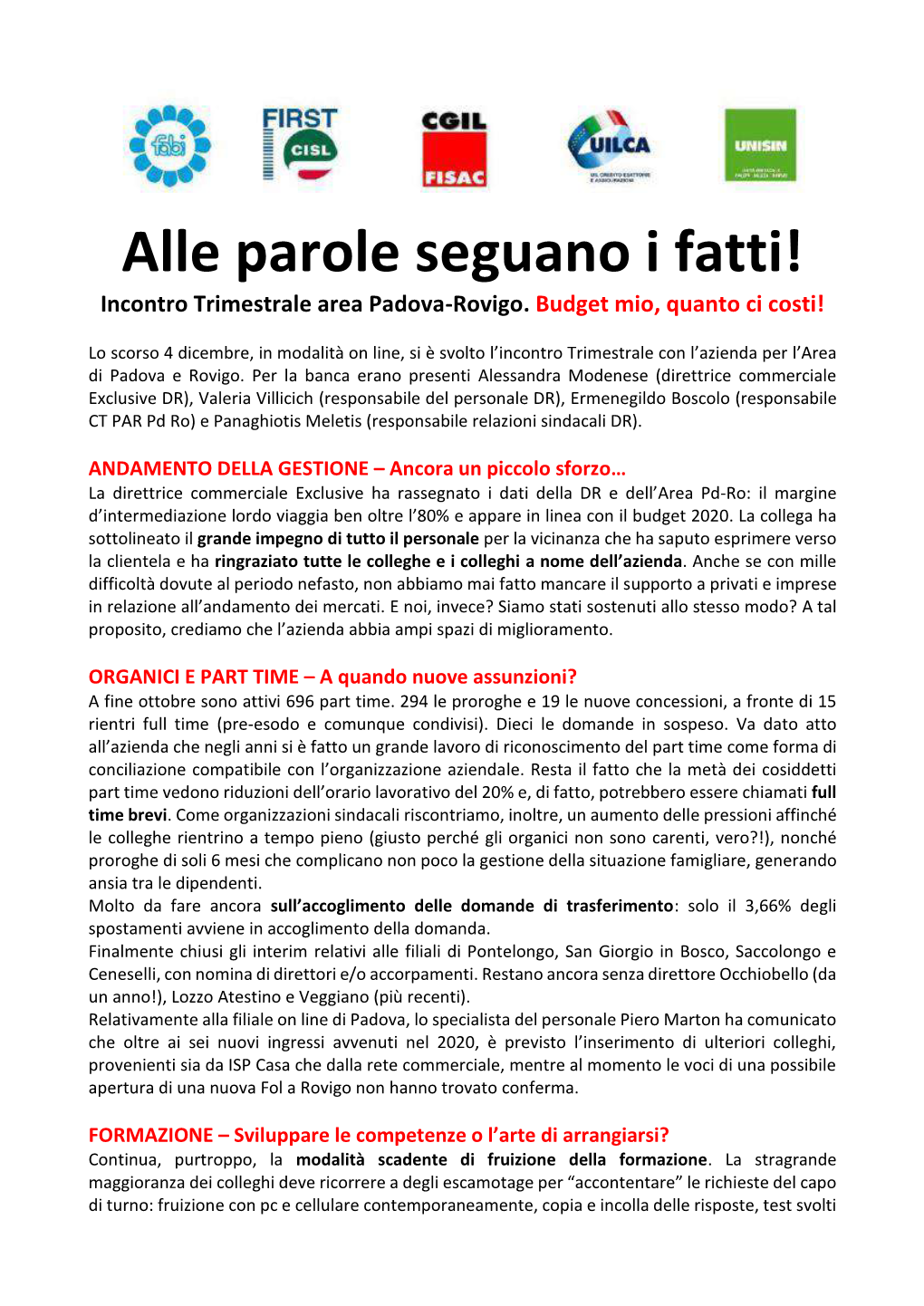 Alle Parole Seguano I Fatti! Incontro Trimestrale Area Padova-Rovigo