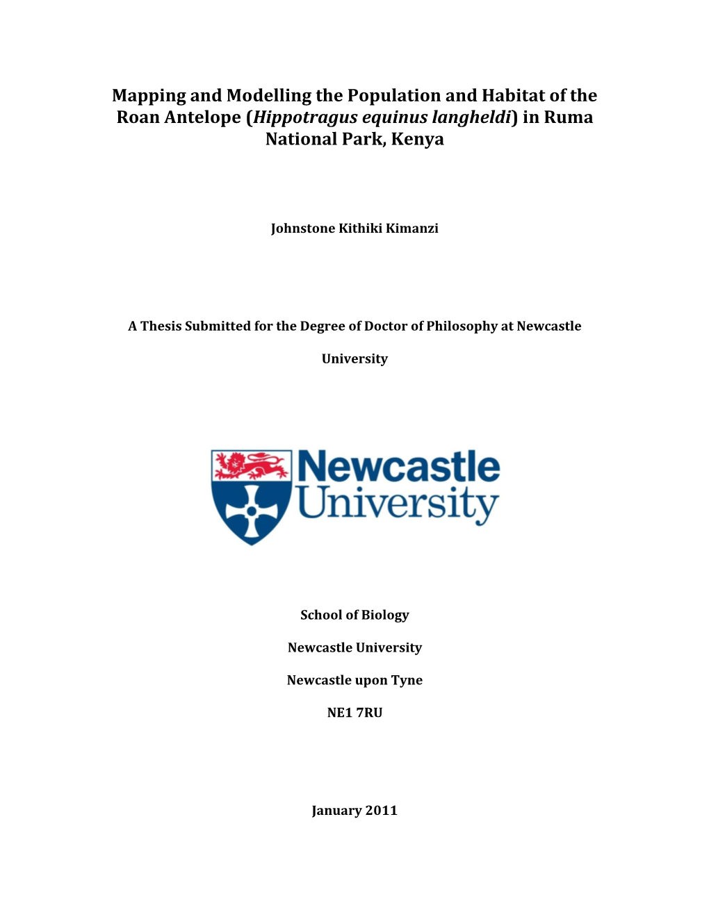 Mapping and Modelling the Population and Habitat of the Roan Antelope (Hippotragus Equinus Langheldi) in Ruma National Park, Kenya