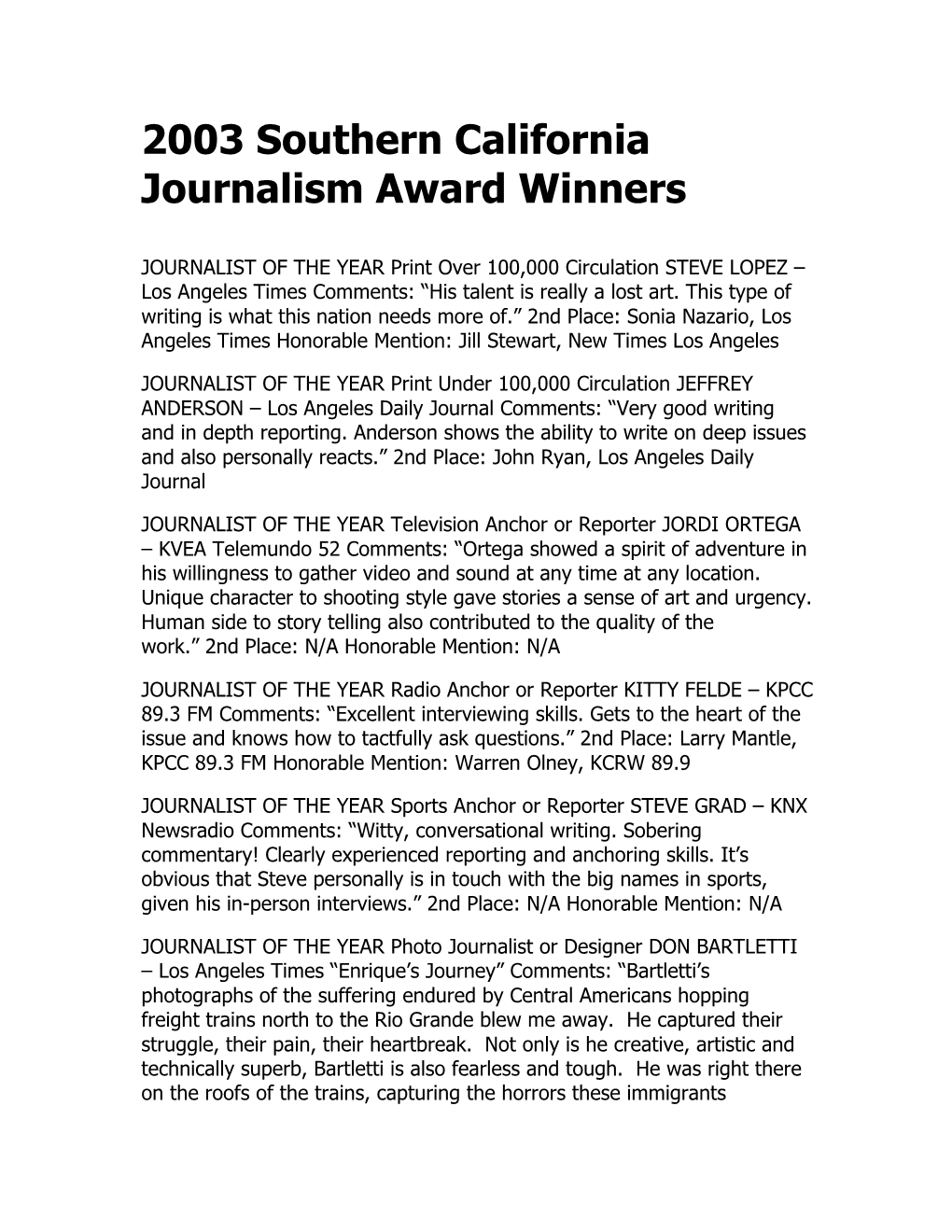 2003 Southern California Journalism Award Winners
