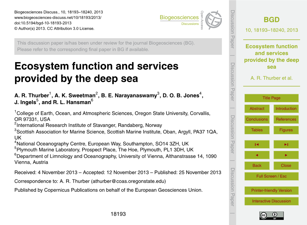 Ecosystem Function and Services Provided by the Deep Sea