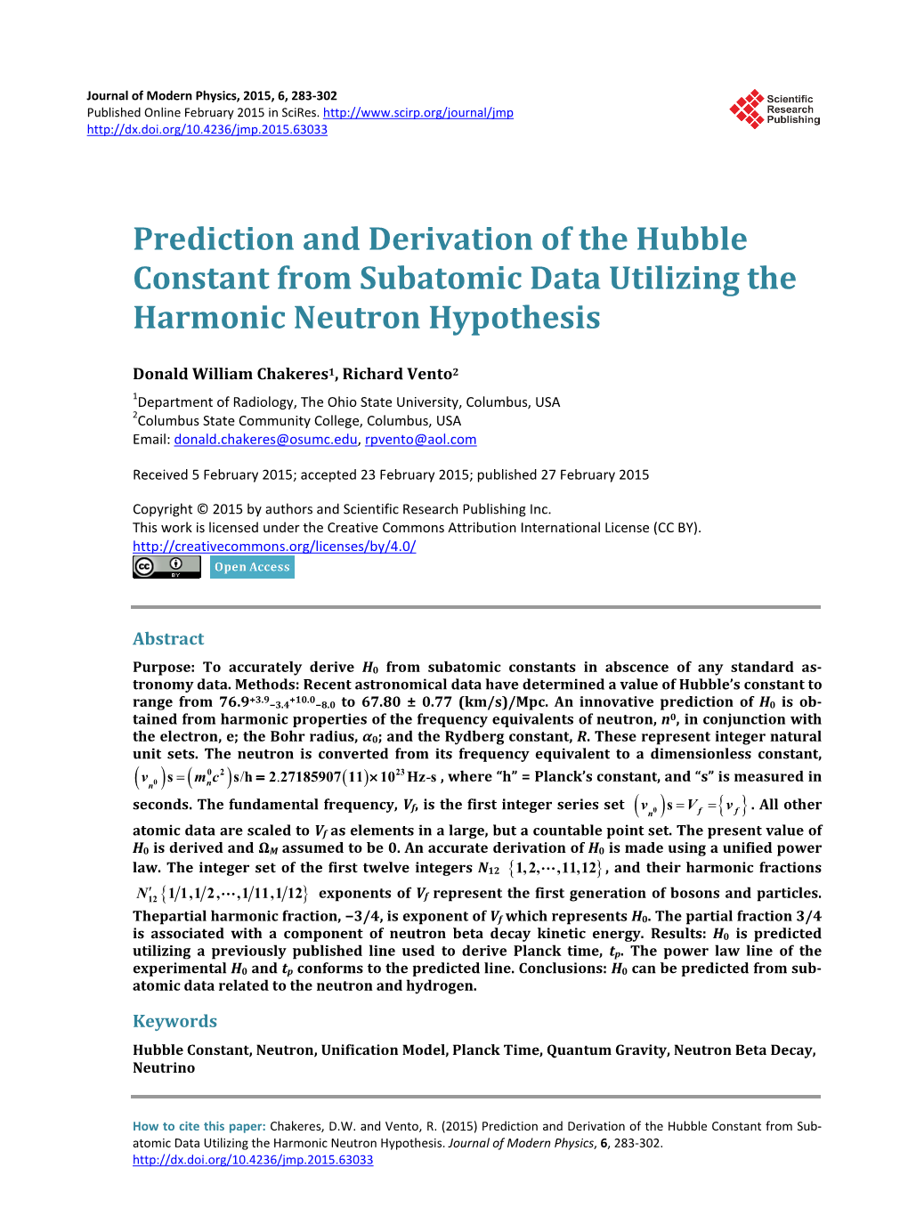 Prediction and Derivation of the Hubble Constant from Subatomic Data Utilizing the Harmonic Neutron Hypothesis
