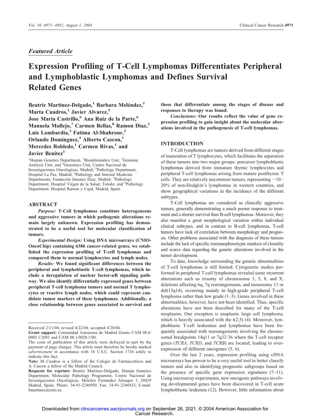 Expression Profiling of T-Cell Lymphomas Differentiates Peripheral and Lymphoblastic Lymphomas and Defines Survival Related Genes