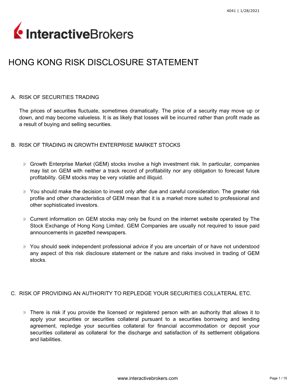 Hong Kong Risk Disclosure Statement