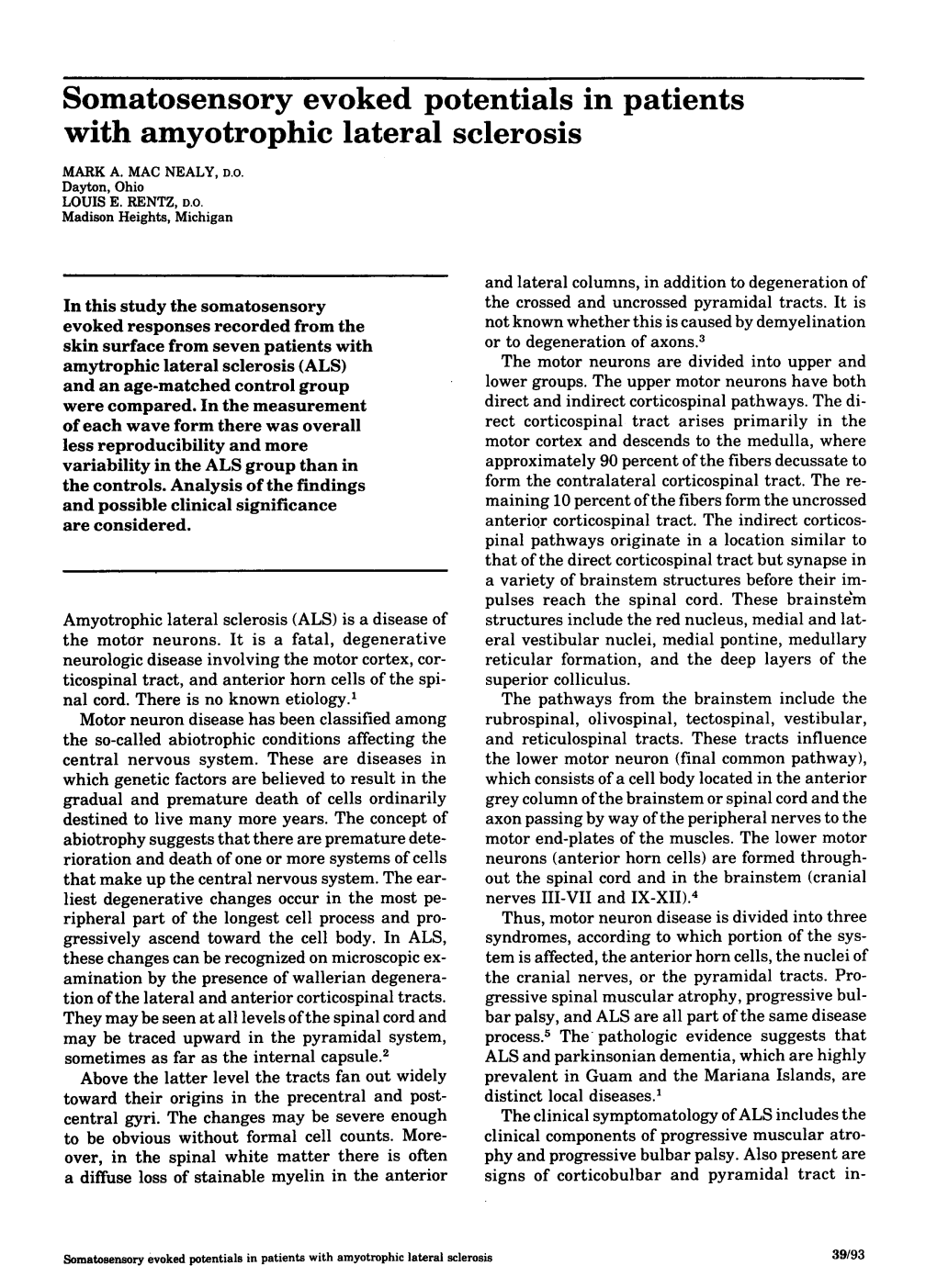 Somatosensory Evoked Potentials in Patients with Amyotrophic Lateral Sclerosis