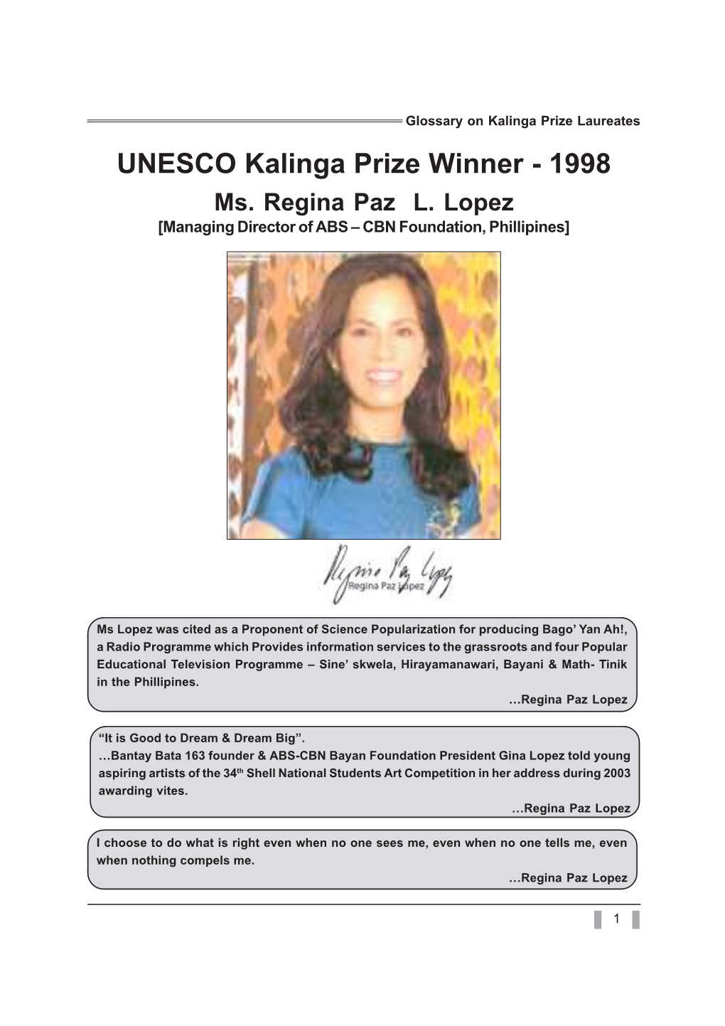 UNESCO Kalinga Prize Winner - 1998 Ms