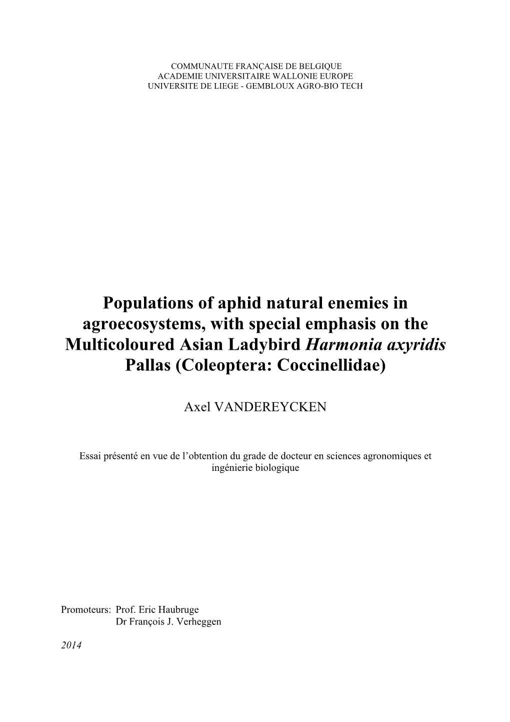 Populations of Aphid Natural Enemies in Agroecosystems, with Special
