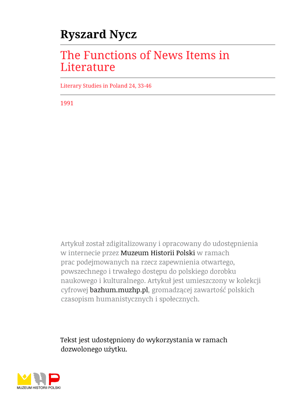 Ryszard Nycz the Functions of News Items in Literature